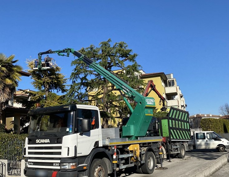 Autocarro con piattaforma aerea durante la potatura di un cedro accanto a un condominio